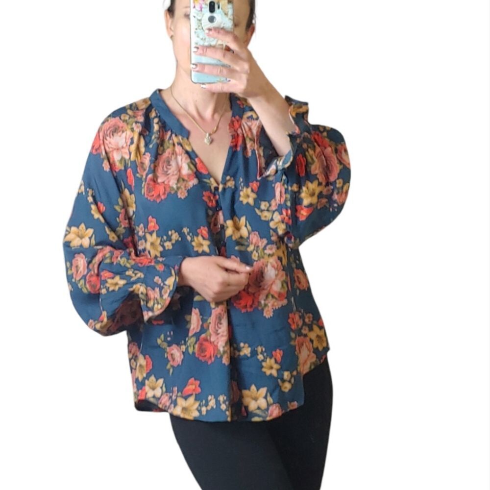 Tolani Amity Rose Floral Top Long Sleeves Boho Blouse Woven Size Small